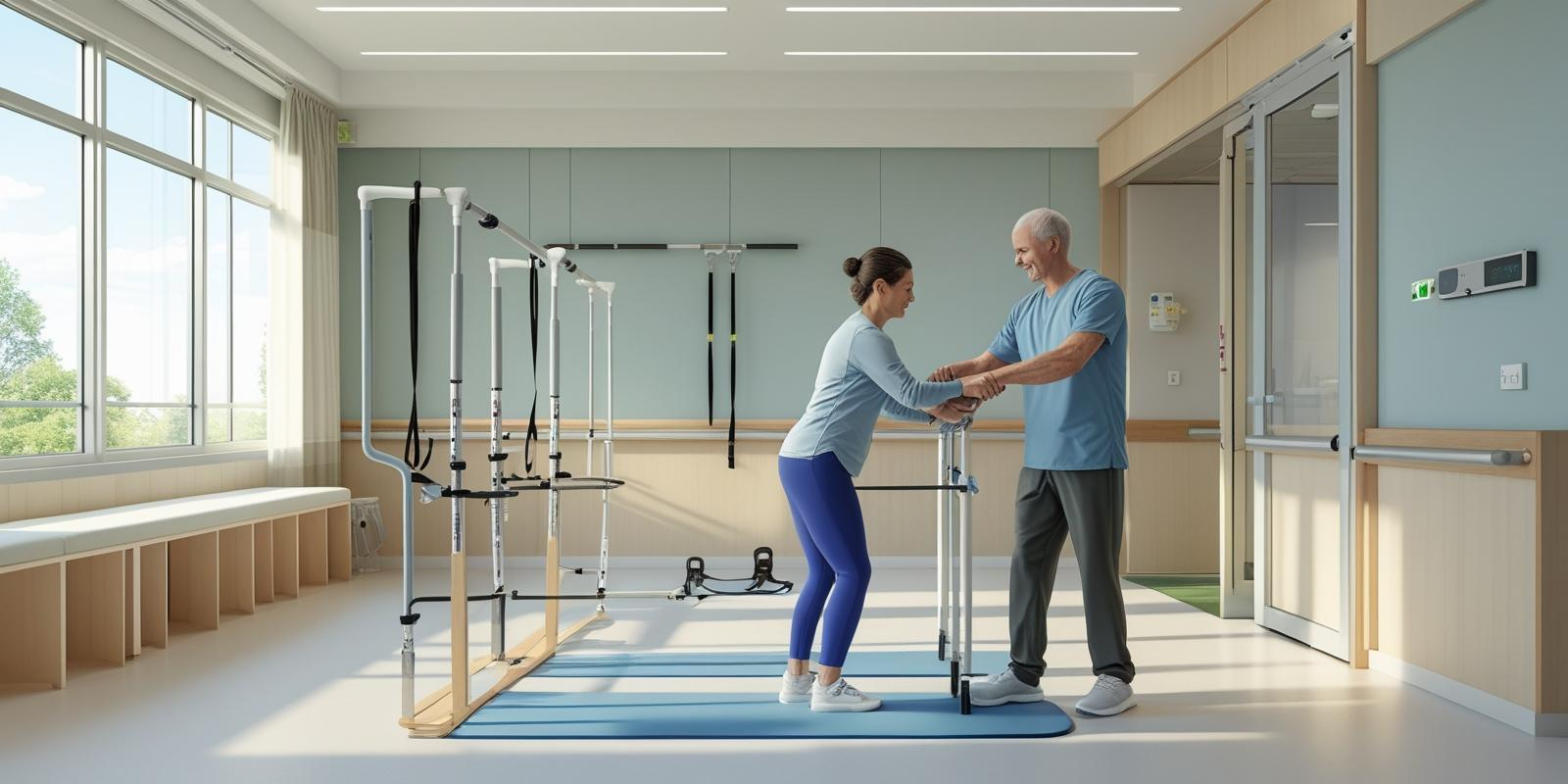 A professional hospital rehabilitation room showing a patient working with a physical therapist on motor skills recovery using assistive devices. Bright, clean clinical setting with modern rehabilitation equipment
